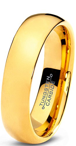 Tungsten Wedding Band Ring 5mm for Men Women Comfort Fit 18K Yellow Gold Plated Domed Polished Lifetime Guarantee