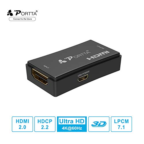 Portta Répéteur HDMI 4K @ 60Hz Repeater HDMI V2.0 Lossless 3D (cble HDMI jusqu'à 25 mètres) Support LPCM7.1 DTS Dolby PS3/PS4/PS4 Pro X-Box Un DVD/Blu-Ray DVD PC/Macbook STB/roku/feu TV