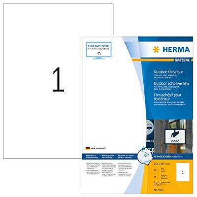 Herma 9543 résistante aux intempéries Extérieur Film adhésif A4 (210 x 297 mm vers DIN A4, film autocollant) 40 étiquettes sur 40 Feuilles forte, blanc