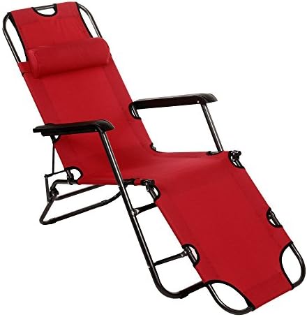 Scallop Folding Sun Lounger Lightweight Portable Garden Recliner for Outdoor Beach Patio Home with Pillows Nap Chair (Red -Long)