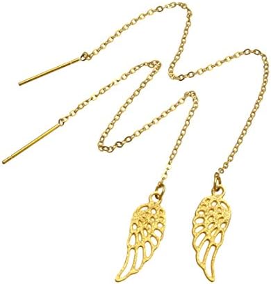 Feather Gold Plated Stainless Steel Long Chain Pull Through Threader Delicate Dangle Earrings for Pierced Ears Good Quality