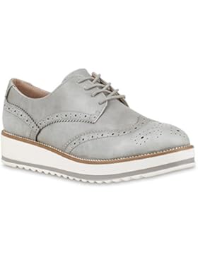 Damen Halbschuhe Dandy | Brogues Profilsohle | Lack Schuhe Schnürer | Metallic Camouflage Schnürschuhe | Bast...