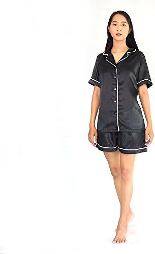 Womens Silky Satin Short Sleeve Pajamas Shorts Set Sleepwear (X-Large Pajamas Set, Black)