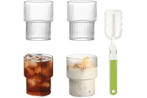 UptVin Lot de 4 Verres à Café Nervurés, Verres à Boire 300ML, Tasses à Café Glacé Claires avec Brosse Éponge, Verres Empilables pour Cocktails, Whisky, Thé, Soda, Café