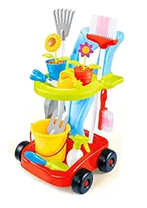 AMAZING STUFF 24 pcs Milestones Cleaning Gardening Tools Set with Watering Can, Leaf Rake, Potted Flower, Hand Cultivator, Trowel Shovel pretentend Trolley Toy Best Gift for Kids ( Multi Color )