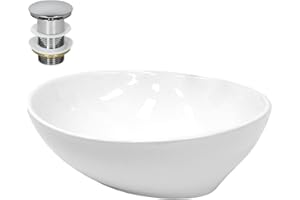 ECD Germany Lavabo Cerámico Ovalado con Agujero Conexión Estandar - Blanco - Lavamanos sobre Encimera - 410 x 330 x 142 mm - Diseño Moderno - Fregadero con Juego de Desagüe - Realza Cada Baño o Aseo