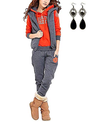 CARINACOCO Mujer 3pcs Chándal Encapuchada Casual Conjuntos Deportivos Otoño Invierno Sudadera con capucha Sweatshirt + Hoodie Chaqueta Chaleco + Pantalones Gris S