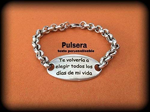 Pulsera de zamak con baño en plata con texto personalizado. Regalo día de los enamorados. San Valentin
