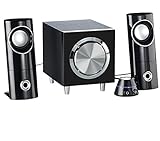 Ausgangsleistung: 16 Watt RMS (8 Watt Tieftöner, 2x 4 Watt Hochtöner), Musik-Spitzenleistung: 32 Watt • Stromversorgung: 230 Volt (Eurostecker)