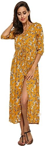 StyleDome Sexy Women's Dresses Half Sleeve V Neck Dress Floral Buttons Beach Party Long Maxi Sundress Yellow 692325 UK 8