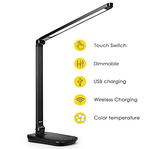 Albrillo Lampada da Scrivania LED, Lampada da Tavolo Pieghevole 8W, Base di Ricarica Wireless e Porta USB, 5 Livelli Dimmerabili e Modalità Graduali di Colore, Touch Control, Luce per Occhi