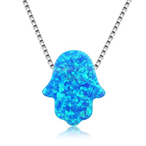 Kaletine Hamsa Mano de Fatima Gargantilla Colgante Collar de Plata Esterlina con Encanto Sintético Azul Opal 11x13mm y Cadena de Caja 40cm+5cm Extensor