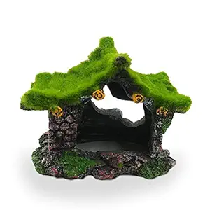 E.YOMOQGG Aquarium Ornament Hollow House, Artificial Resin Hide-Away Rock House with Moss, Hideout Cave for Fish Betta Small Lizard Sleep Rest Play Fish Tank Landscape Decoration Accessories
