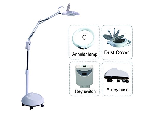 Elitzia Led Cold Light Magnifying Lamp 5 Times Magnification Movable Pulley Base Beauty Lamp for Facial Care Tattoo Or Reading ETH3026 (White Annular Lamp)