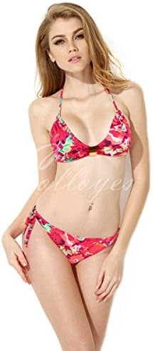 Colloyes Womens Red Floral Design Triangle Bikini Set Metallic Halter Top Swimsuits Swimwear Size M