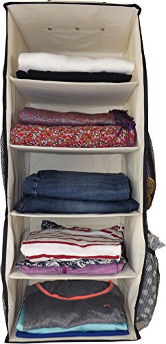 Neusu Heavy-Duty Kleiderschrank-Hängeaufbewahrung – 5 Regalfächer Plus 4 Seitentaschen – Beige 600D Stoff – 30 cm x 30 cm x 76 cm (65+ Liter Fassungsvermögen) (Beige) - 5