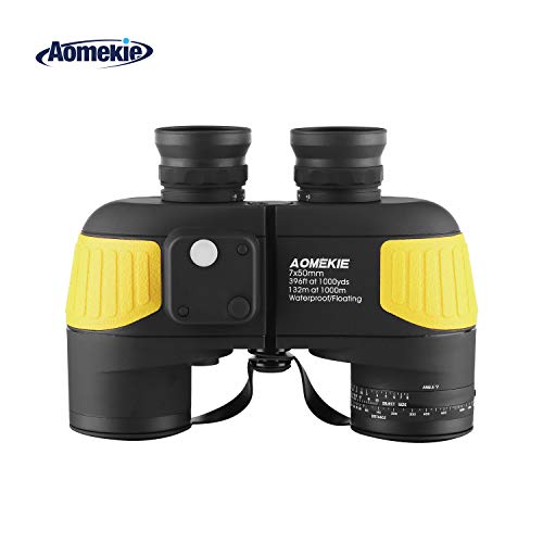 Aomekie Jumelles Compactes 7x50 Marine Jumelles Adultes Flottantes étanches avec Compas Illuminé Interne Télémètre Sac et Sangle de Harnais Prisme avancé Enduit BAK4 pour Adultes Puissante (Jaune)