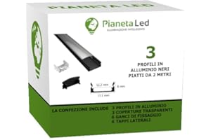 PIANETA LED TL1205 - Lot de profilés de 2 m en aluminium noir, pour rubans LED, avec diffuseur opaque ou transparent au choix, embouts et clips de fixation inclus COVER TRASPARENTE