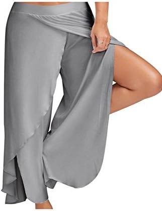 Zojuyozio Women Elegant Ruffle Slit Loose Palazzo Yoga Pants Trouses Plus Size Grey 3XL