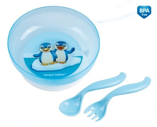 Bowl with lid, suction ring and cutlery 350 ml