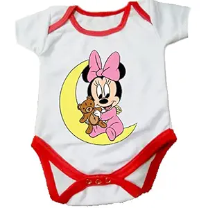 blinkNshop Cute Minnie Moon & Back Romper for New Born Baby/Babies Arrival/Half Birthday/Baby Boys & Baby Girls Romper/Return Gift Red White (0-12 Months) (White-Red)