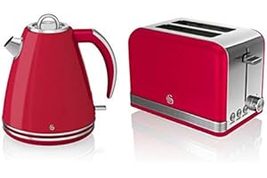Swan Kitchen Appliance Retro Set - Red 1.5 Litre Jug Kettle & Red Modern 2 Slice Toaster Set