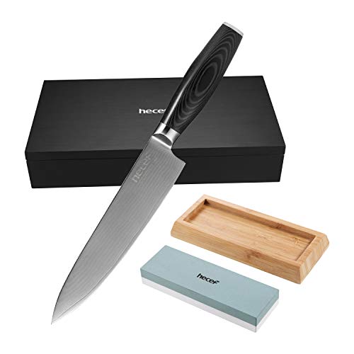 Hecef 8 pollici Coltello da Cuoco- Coltello di Damasco da cucina- Lama Ultra-affilata in Acciaio VG10 ad Alto Tenore di Carbonio con Pietra per Affilare 1000/400 Whetstone