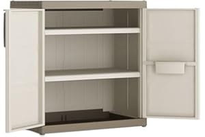 KETER Armoire Basse XL EXCELLENCE - Armoire de Rangement en Résine Multifonctions - Étagères Modulables, Pieds Surélevés - Cuisine, Garage, Atelier, Placard - Beige / Sable