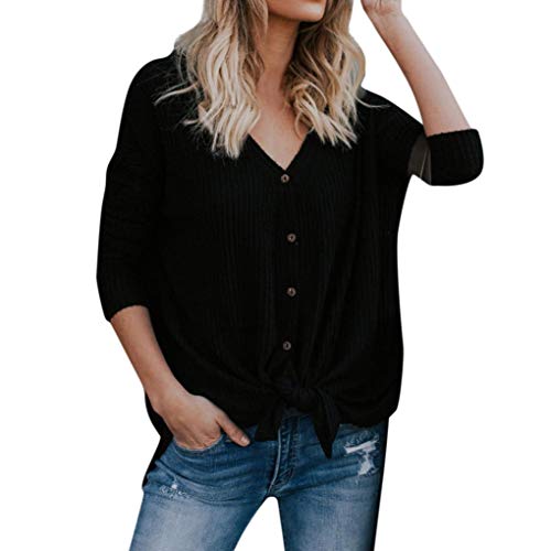 Preisvergleich Produktbild WWricotta Damen Strickpullover Langarmshirt Henleyshirt Basic V-Ausschinitt Lose Bluse Vintage Hemd Jumper Langarm Tunika Cardigan mit Batwing und Knoten