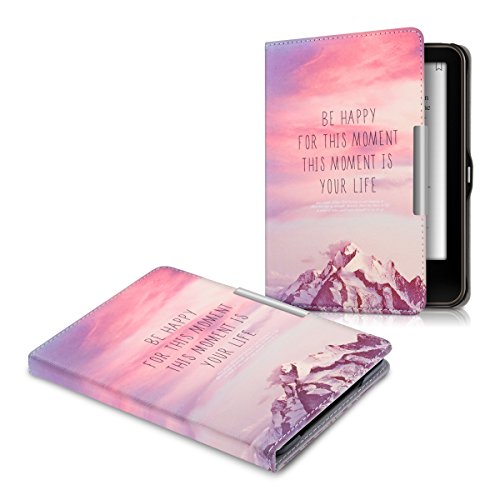 kwmobile Hülle für Tolino Vision 1 / 2 / 3 / 4 HD – Flipcover Case eReader Schutzhülle – Bookstyle Klapphülle Be Happy Design Rosa Violett Koralle - 5