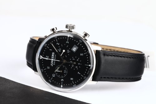 Junkers Men's Bauhaus Quartz Watch with Black Dial Chronograph Display and Black Leather Strap