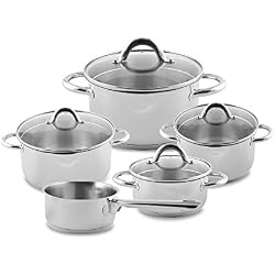Lot de Casseroles pour Induction Sagan, Lot d'ustensiles de cuisine en acier inoxydable chromé, couvercles en verre adaptés avec purge à vapeur et verseur - 9 pièces