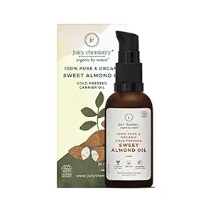 Juicy Chemistry Sweet Almond Oil, 30ml for Hair and Skin, Certified Organic Oil for Glowing & Brighter Skin, Repairs Dry and Frizzy Hair, Strengthens Nails, Carrier Coldpressed Oil for Women and Men
