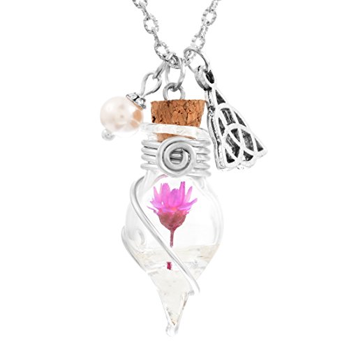 MJARTORIA Damen Mädchen Glück Kette Nachtleuchtend Tropfen Phiole Kinder Wünschen Glasflasche mit Getrocknete Blumen oder Strass Halskette
