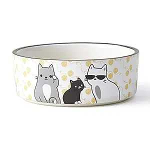 PetRageous 17013 Tangled Kitty Stoneware Dishwasher Safe Cat Bowl 2-Cup 5-Inch Diameter 2-Inch Tall for Cats, 16-Ounce, White