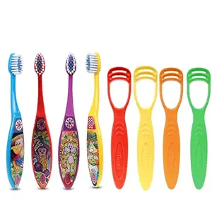 MAXI Oral Care Junior Pack of 8-(4 Kids) Toffee Junior Toothbrush & (4 TC) 1 Number Tongue Cleaner