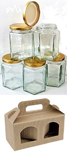 20 X 190ml 8oz HEXAGONAL PRESERVE HEX GLASS JAR JARS JAM HONEY CHUTNEY GOLD LIDS WITH 10 GIFT BOXES