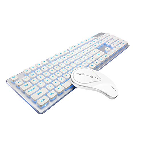 Preisvergleich Produktbild Guanwen Wireless Gaming Keyboard, mechanische Feel Blue Hintergrundbeleuchtung Stumm Multimedia USB Tastatur +1600 DPI Cordless Stumm Maus für PCLaptop / Computer