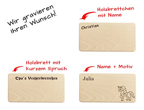 Frühstücksbrettchen / Brotzeitbrettchen mit Name oder Spruch – hochwertige Brandmalerei Gravur! Vesperbrettchen aus Buche, rechteckig L 220 x B120 x H 10 mm, glatt, mit abgerundeten Ecken - 4