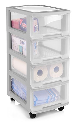 Bluespoon Rollwagen mit 4 Schüben | Gesamthöhe 58 cm | 4 Schubladen mit je 8 Liter | Schubladencontainer mit montierbaren Rollen | Endlos Stapelbarer Schubladenschrank mit Leichtlaufrollen grau