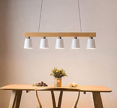 ZMH LED Lampe à suspension en bois et métal rétro Lampe suspension Lampe suspension Pendante & Lampe plafonnier E27 Ampoules pour salle à manger salon bureau café Bar Moderne blanc