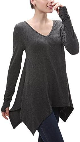 Wtrend Women's V Neck Long Sleeve Lose Pullover Casual Tunic Top Blouse T-Shirt Charcoal 10