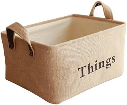 Starsglowing Jute Storage Basket with Handles Laundry Basket Foldable Storage Box without Cover for Clothes Towels Books Toys Cabinet Shelf Organizer (L-Things)