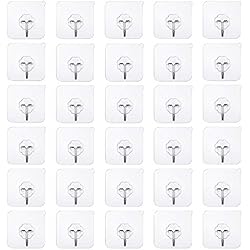 lot de 30 Crochets adhésifs 22lb/10kg Max Heavy Duty Transparent réutilisable Crochet mural à ongles gratuit, imperméable et pour de salle de bain, cuisine, porte de mur au plafond (30HOOK)