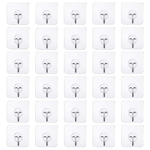 lot de 30 Crochets adhésifs 22lb/10kg Max Heavy Duty Transparent réutilisable Crochet mural à ongles gratuit, imperméable et pour de salle de bain, cuisine, porte de mur au plafond (30HOOK)
