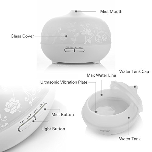 BESTEK 300ml Glas Aroma Diffuser Öl Diffusor Ultraschall Vernebler mit 7 LED Farbwechsel und Abschaltautomatik für Aromatherapie Weiß - 6