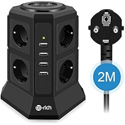 Tour Multiprise Parasurtenseur Parafoudre, Te-Rich Bloc Multiprise USB Verticale avec 8 Prises Electrique et 4 Ports USB, Interrupteur, Adaptateur Douille, Cordon de 2m pour iPhone iPad PSP - Noir