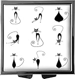 Sicherer Klippverschluss metALUm XXL Pillendose quadratisch 4 Fächer Katzen - Silhouetten in schwarz auf weiß #0018