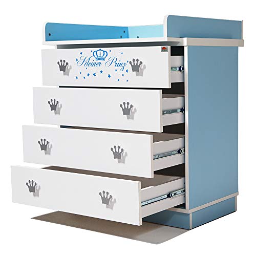 Preisvergleich Produktbild Wickelkommode Weiß / Blau Wickeltisch mit Schubladen Wickelaufsatz kleiner Prinz Jungen (Blau, Wickelkommode)