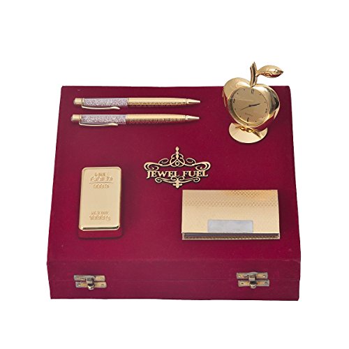 Jewel Fuel 2 Gold Plated Pen, Gold Bar Paper Weight, Apple Table Clock and Visiting Card Holder Gift Set